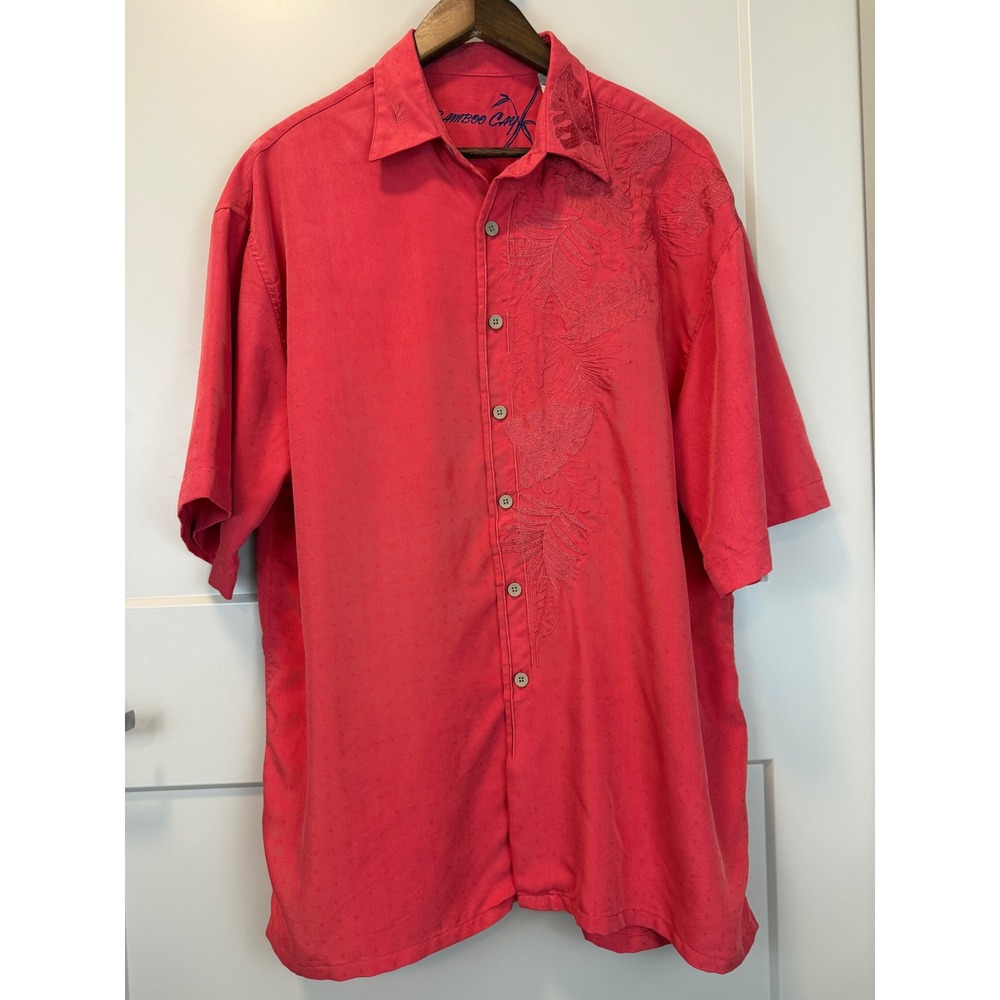 Bamboo Cay Camp Tropical Vacation Shirt Large Persimmon‎ Light Red Short Sleeve